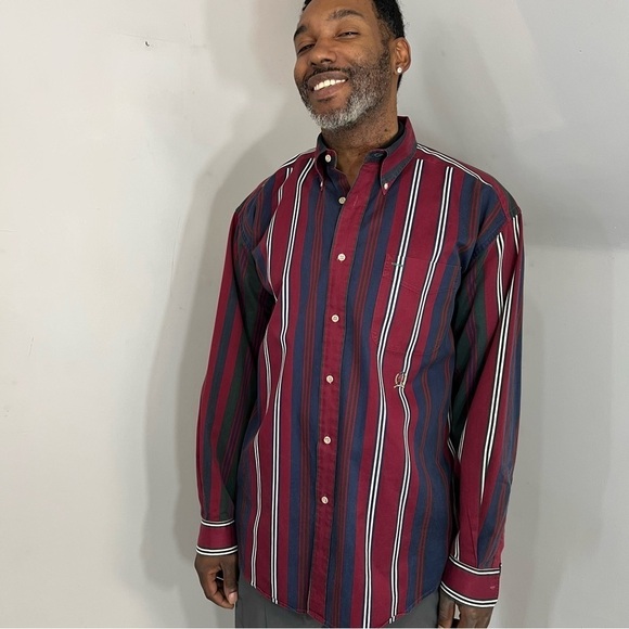 Vintage Tommy Hilfiger red blue stripes casual button shirt cotton long sleeve - Picture 11 of 13